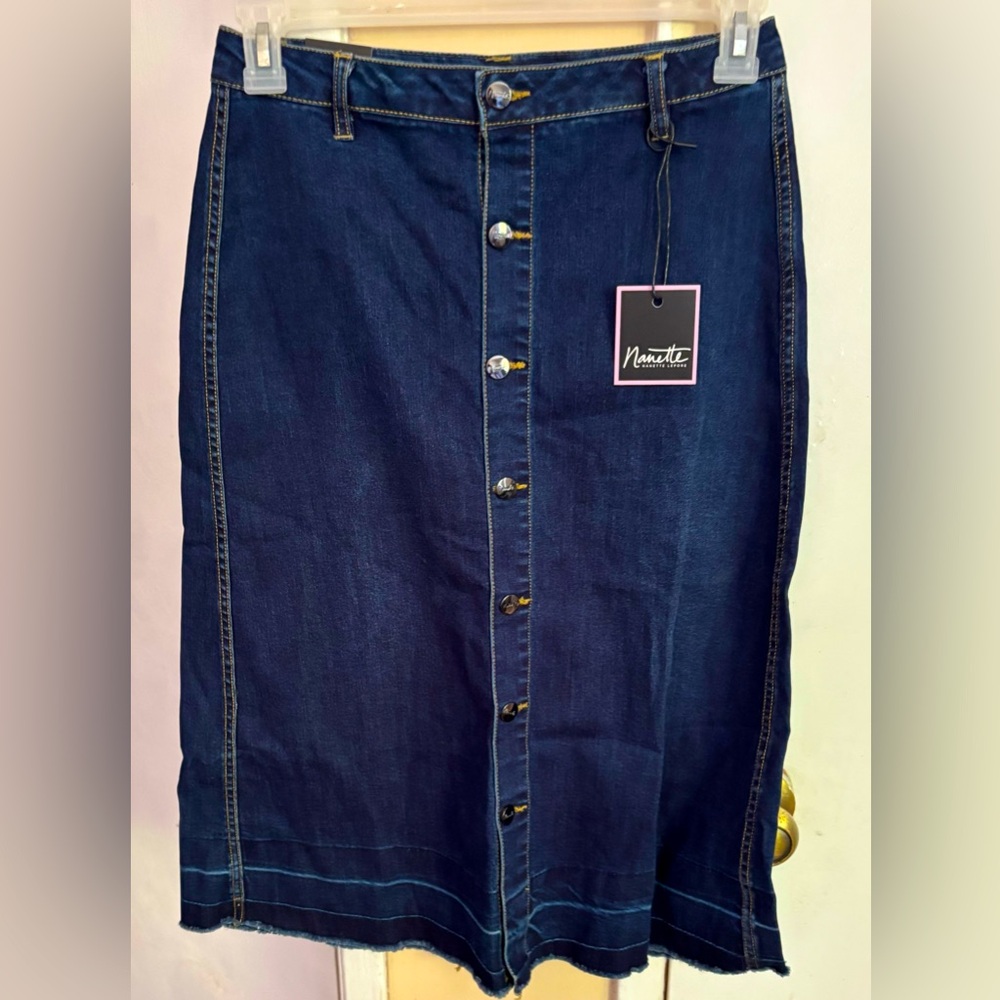 Nanette Lepore Raw Hem Bradford Dark Wash Midi below knee  Skirt szSmall🎁